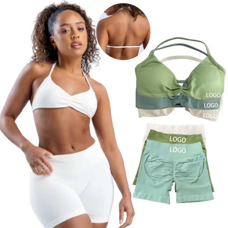 Impact With Logo Women Backless Bra & Sports Shorts Sexy Female Seamless Yoga Tops Sportswear Leggings and Bra Underwear Clothes