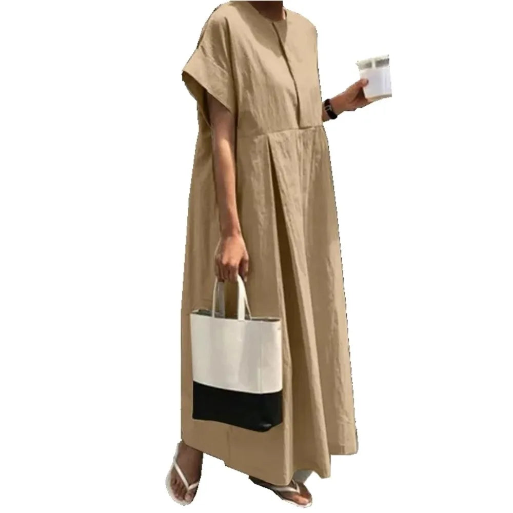 Large Size Women's L-5XL Plus Size Loose Cotton Dress Round Neck Solid Color Long Dress College Style Short Sleeved Loose Casual