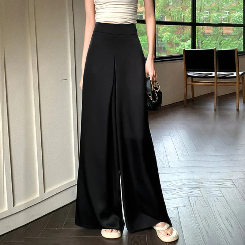 High-Grade Acetate Satin Wide-Leg Pants Women Spring Bell-Bottoms Pants Loose Casual Pants High Waist Oversized Long Pantalons