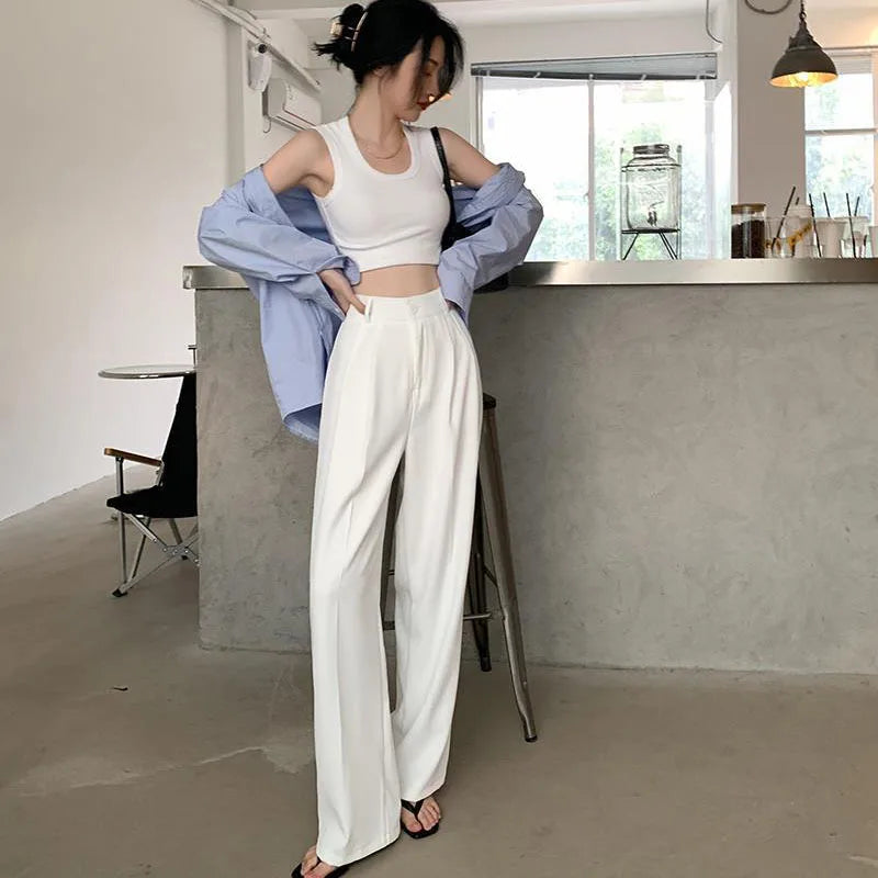 Summer Women's Draped Suit Pants Korean Style High-Waisted Button Casual Pants 2025 New Black White Baggy Office Lady Trousers