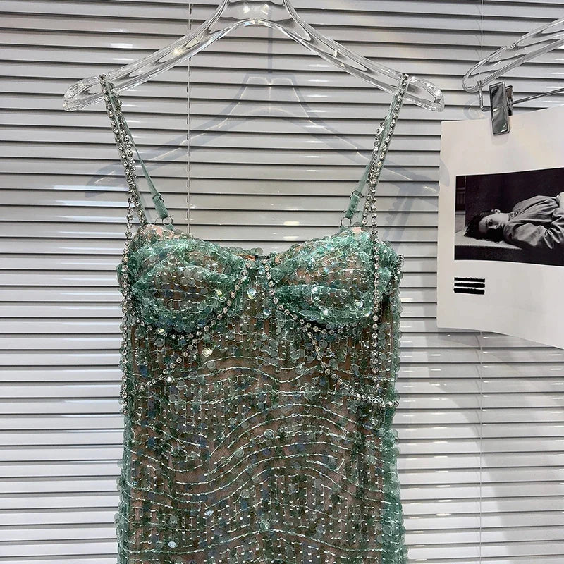 DEAT Heavy Industry Diamond Chain Pearl Suspender Dresses Women For Women 2024 Summer New Party Strap Dress Female 29L7707