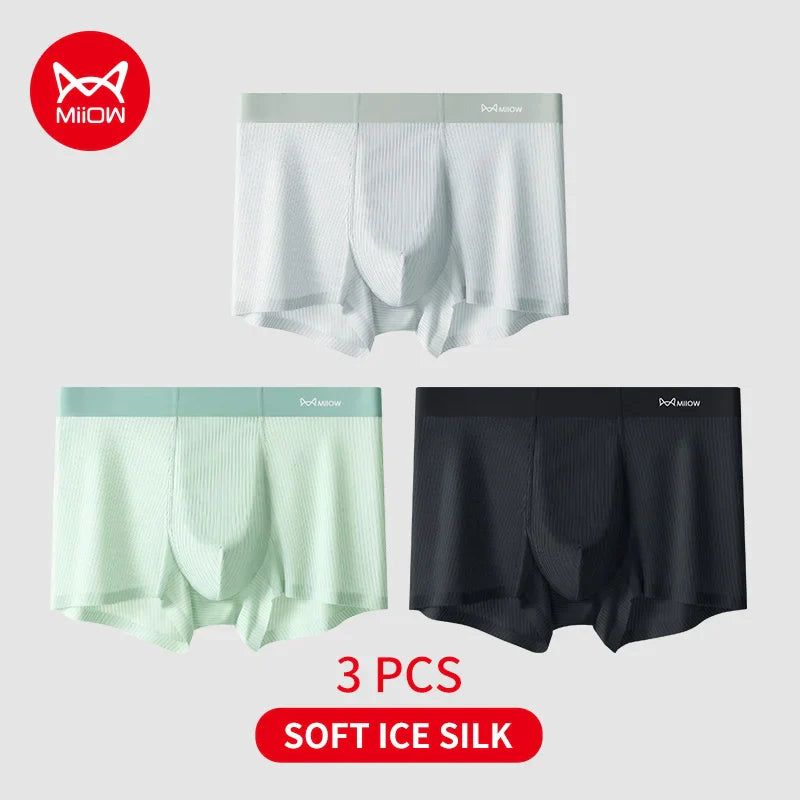 MiiOW 3Pcs Soft Ice Silk Men Boxer Underwear Men's Panties Summer Breathable Striped Underpants Male Antibacterial Boxers Trunks