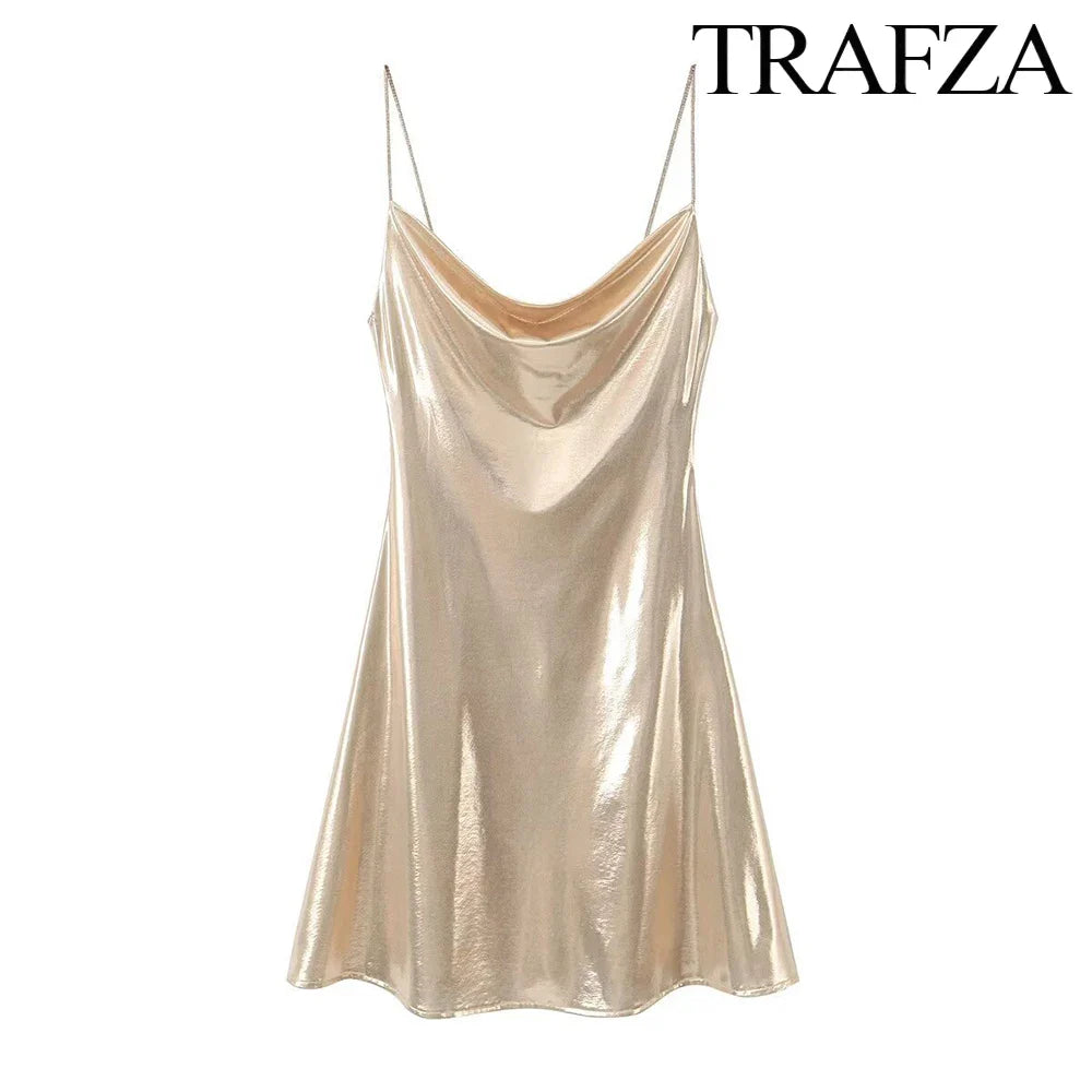 TRAF Women's Metallic Colour Glitter Dress Sexy Backless Sleeveless Spaghetti Strap Dresses Party Bar Sleeveless Short Dresses
