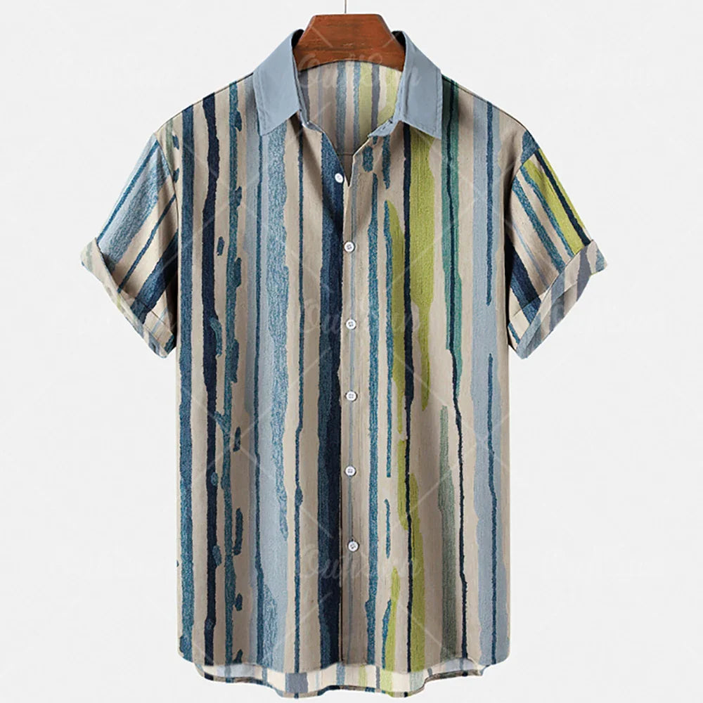 Fashion Men's Striped Casual One Button Shirts Streetwear Short Sleeve Loose Top 3D Digital Printed Blouse Plus Size 5XL