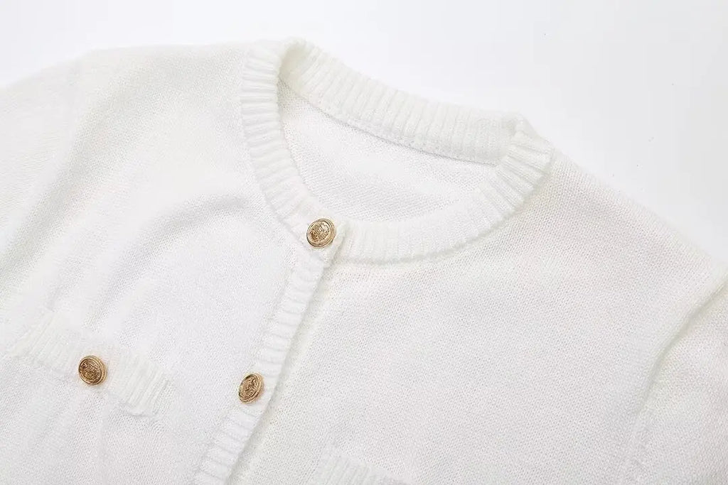 Elegant Women's Knitted Short Sleeve Dress Single Breasted High Waist Button Mini Curvy Dresse Knitwears White Black Summer 2025