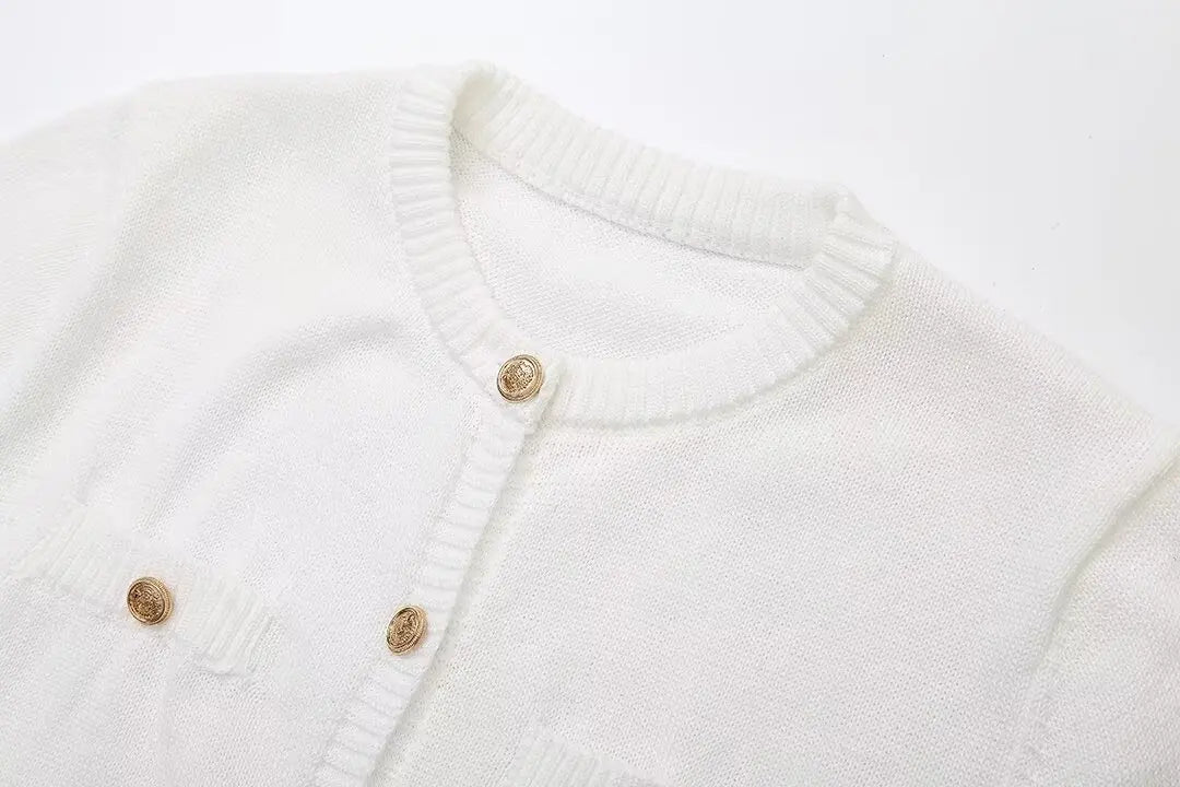 Elegant Women's Knitted Short Sleeve Dress Single Breasted High Waist Button Mini Curvy Dresse Knitwears White Black Summer 2025