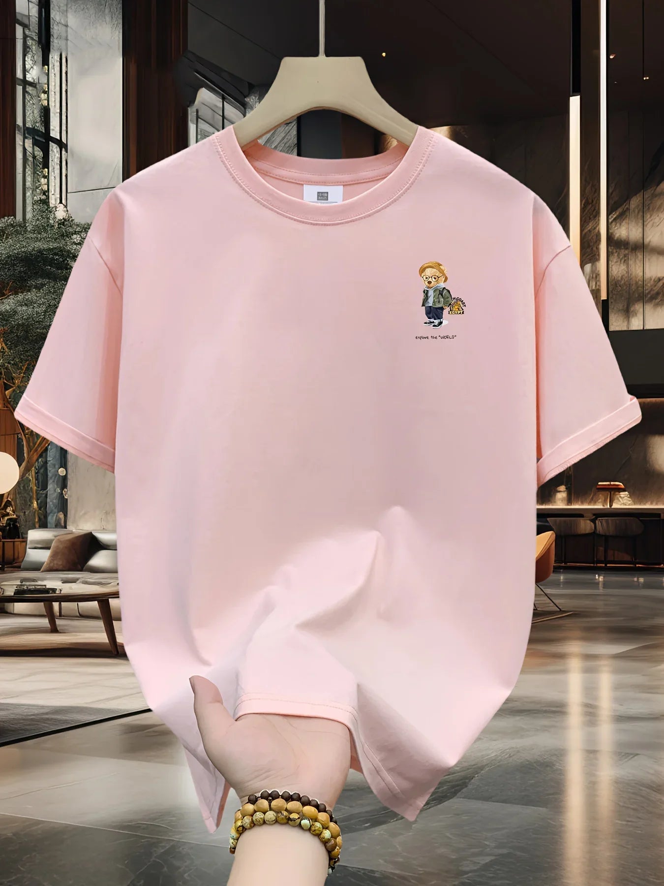 Men's 100% pure cotton summer loose size cartoon pattern printed casual and comfortable round neck short sleeved T-shirt top