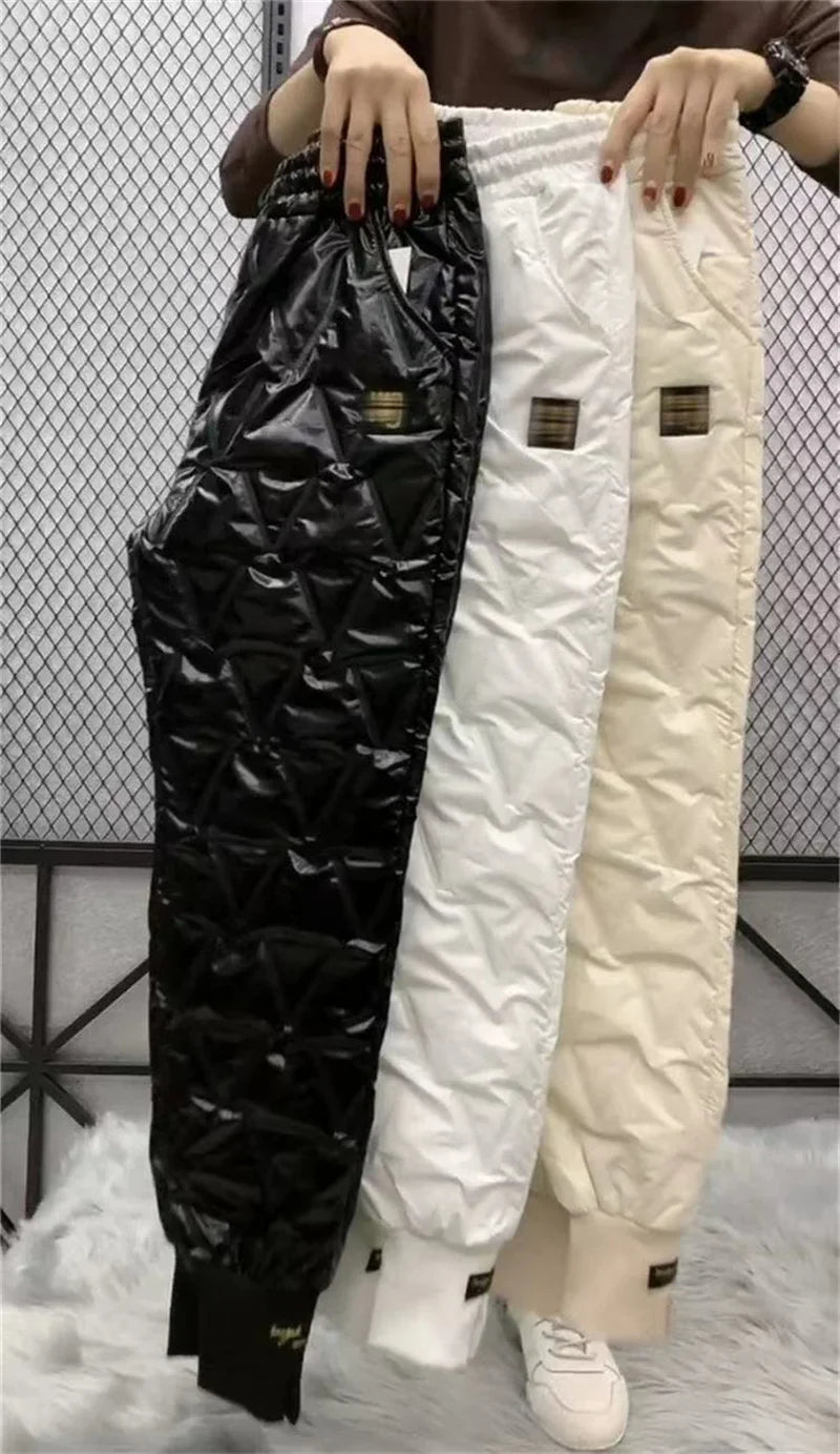 Winter Oversized Down Cotton Pencil Pants Warm Korean Fashion Slim Thick Women Pantalones Casual High Wais Black Trousers 4XL