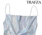 TRAF Women's Metallic Colour Glitter Dress Sexy Backless Sleeveless Spaghetti Strap Dresses Party Bar Sleeveless Short Dresses