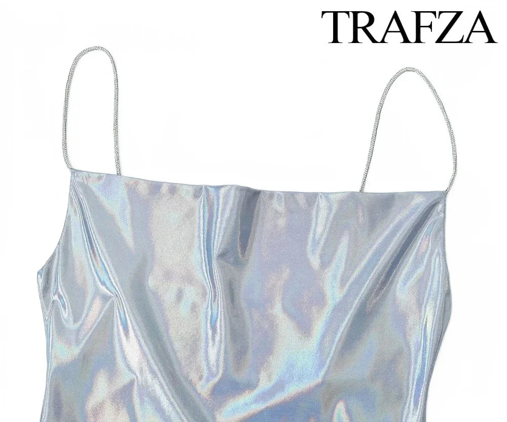 TRAF Women's Metallic Colour Glitter Dress Sexy Backless Sleeveless Spaghetti Strap Dresses Party Bar Sleeveless Short Dresses