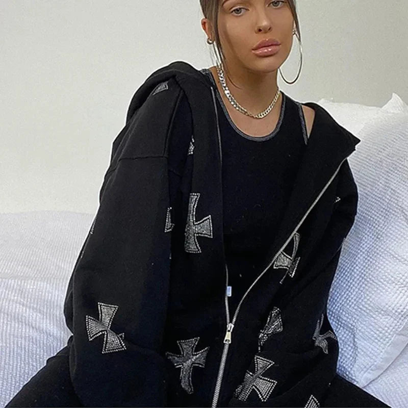 European and American loose top cross hot diamond hoodie women's high street Harajuku retro hip hop zipper Y2K hooded sweatshirt