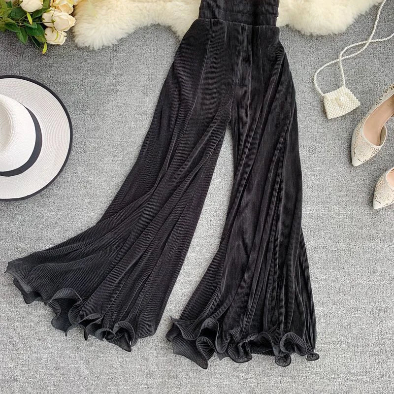 ZOKI Women Flare Pants Loose Gauze Elastic High Waist Ruffle Chiffon Ladies Trousers Fashion Black White Summer Female Pants New