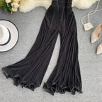 ZOKI Women Flare Pants Loose Gauze Elastic High Waist Ruffle Chiffon Ladies Trousers Fashion Black White Summer Female Pants New