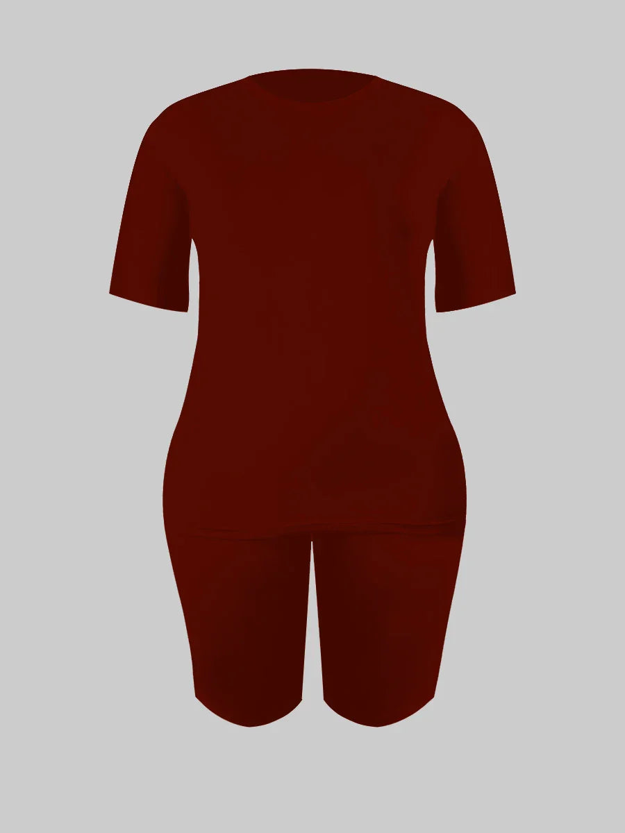 LW BASICS Plus Size Two Pieces Sets Round Neck Skinny Shorts Set 2024 NEW IN Matching Sets Summer Short T-shirt + Short Sets