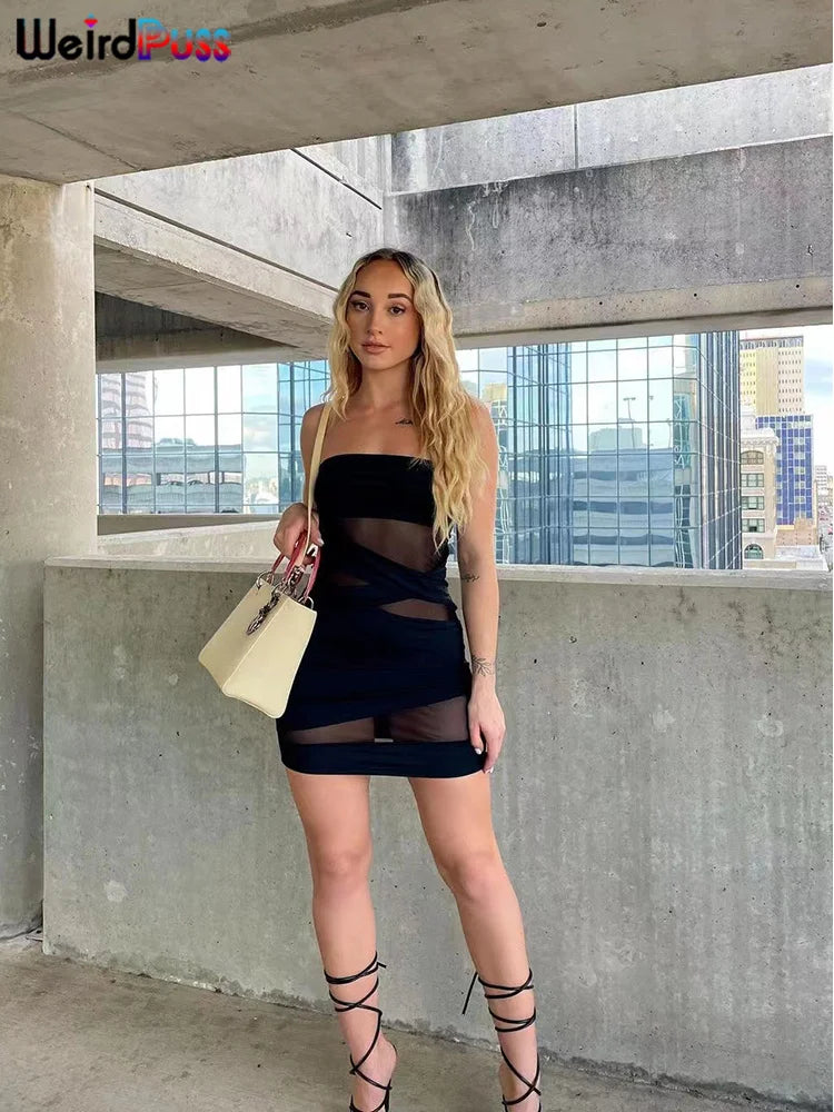 Weird Puss Party Strapless Dress Women Patchwork Mesh Summer Trend Sleeveless Midnight Sexy Hip Mini Bodycon Skinny Clubwear