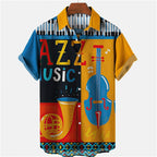 Hawaiian men's short-sleeved shirt dark gold musical instrument print lapel casual top loose large size