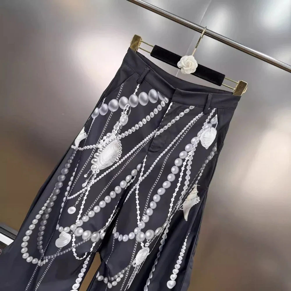 VGH Hit Color Pearl Printed Wide Leg Pant for Women High Waist Spliced Pockets American Streetwear Floor Length Trousers Female