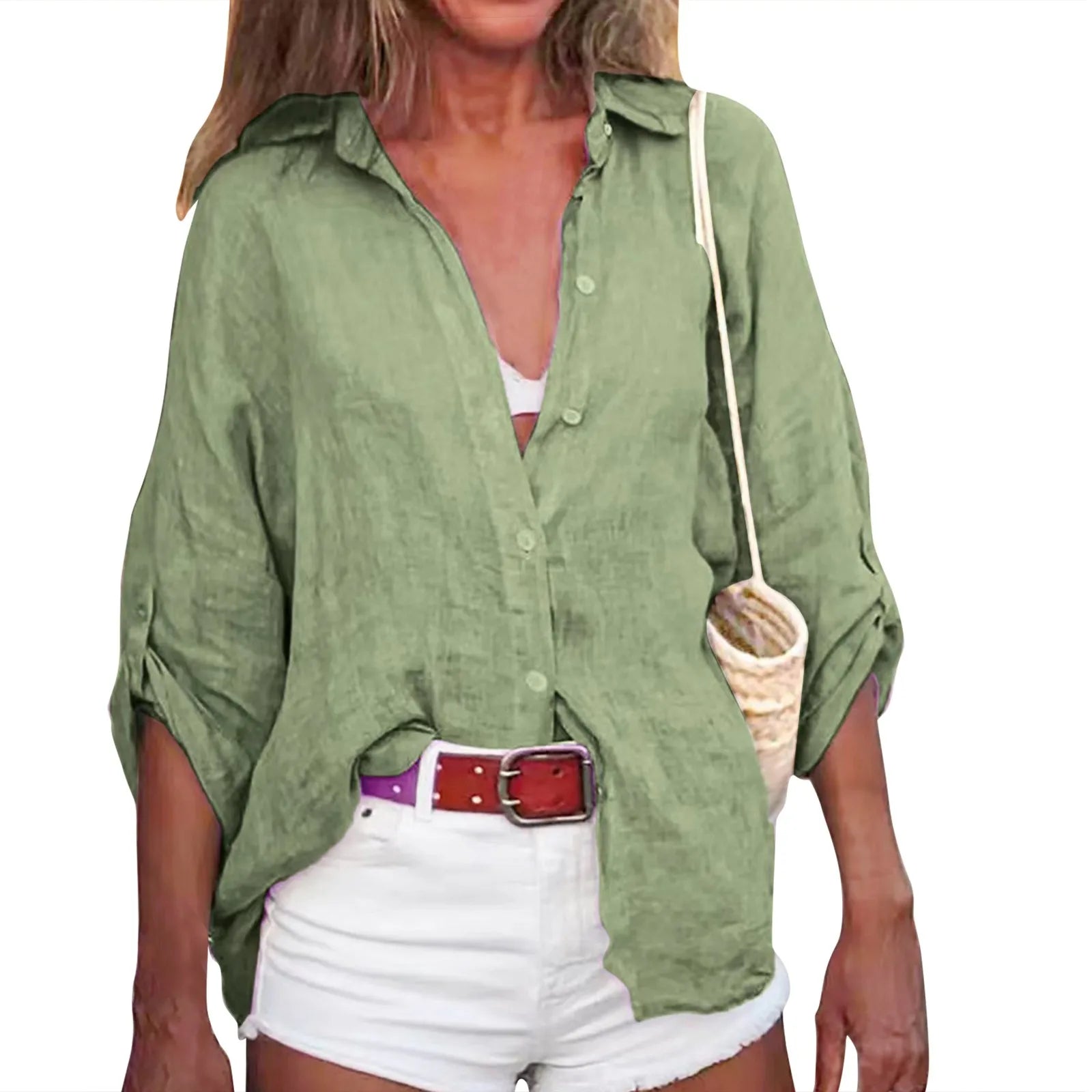 Summer Plus Size Cotton Linen Solid Color Seven-Point Sleeve Shirt V-Neck For Ladies Loose Casual Lightweight Camisas De Mujer