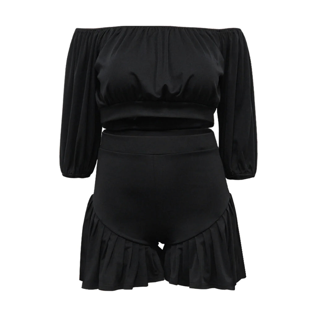 CM.YAYA Plus Size Women's Set Long Sleeve Slash Neck T-Shirt and Shorts 2025 Summer Ruched Two 2 Piece Set Outfits Tracksuit