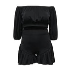 CM.YAYA Plus Size Women's Set Long Sleeve Slash Neck T-Shirt and Shorts 2025 Summer Ruched Two 2 Piece Set Outfits Tracksuit