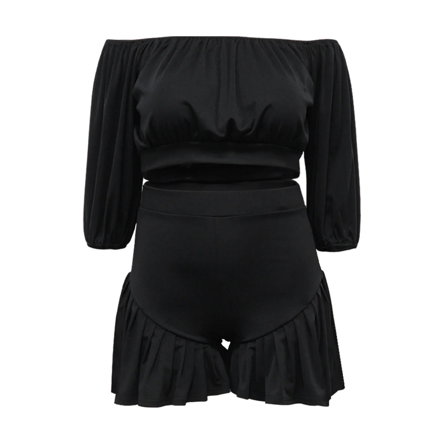 CM.YAYA Plus Size Women's Set Long Sleeve Slash Neck T-Shirt and Shorts 2025 Summer Ruched Two 2 Piece Set Outfits Tracksuit