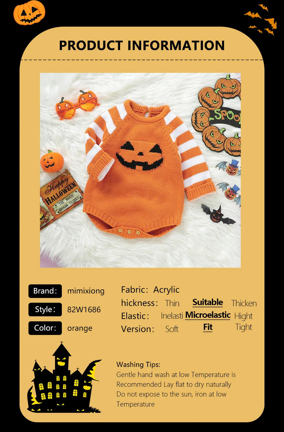 Halloween Baby Bodysuits Pumpkin Knit Newborn Boys Girls O Neck Long Sleeve Onesie Jumpsuits 0-18m Infant Toddler Winter Outfits