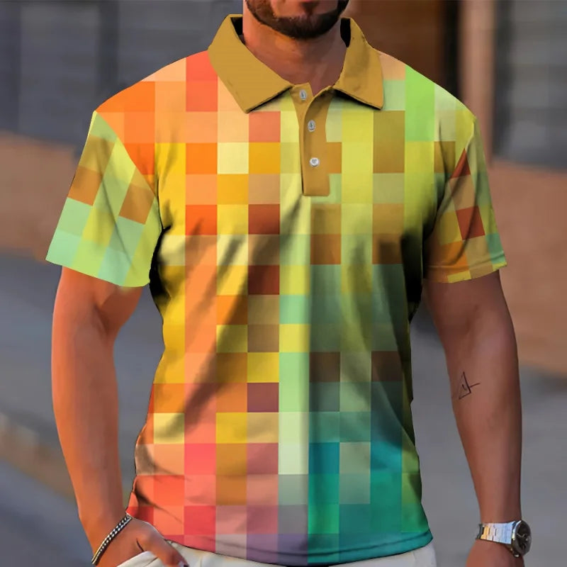 Colorful Stripes 3D Printed Polo Shirt For Men Geometric Color Block Pattern T-Shirt Casual Lapel Tops Loose Short Sleeve Tees
