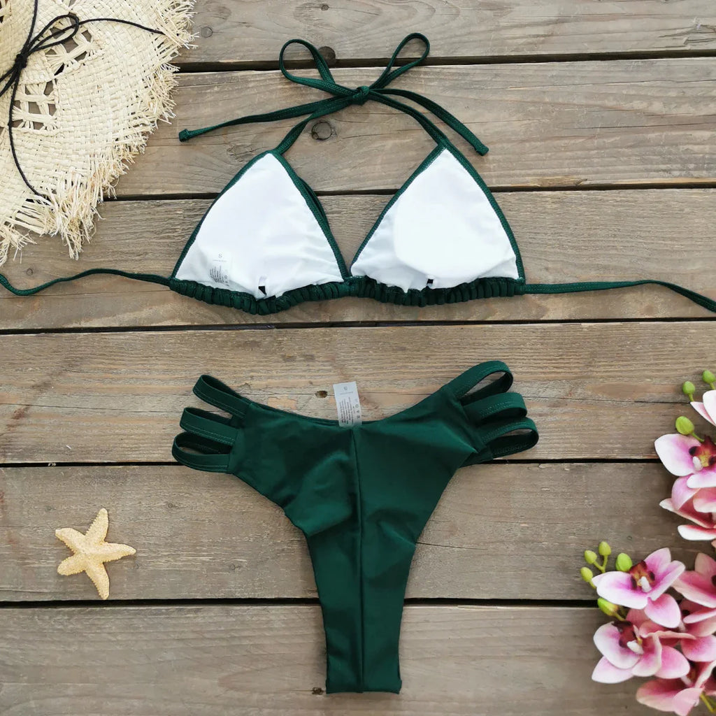 Comfortable Brazilian G-String Swimwear Bandage Stripes Trim Halter Female Bikini Set 2024 New Fashion Chest Pad Beachwear