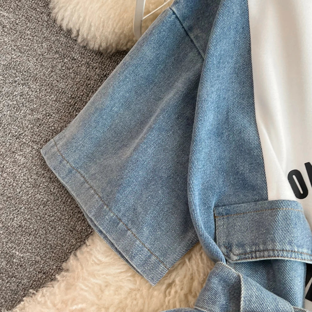 XFPV 2025 Summer Fashion Short Sleeve Round Neck High Waistband Slim A-line Denim Printed Patchwork Dress For Women SM11498