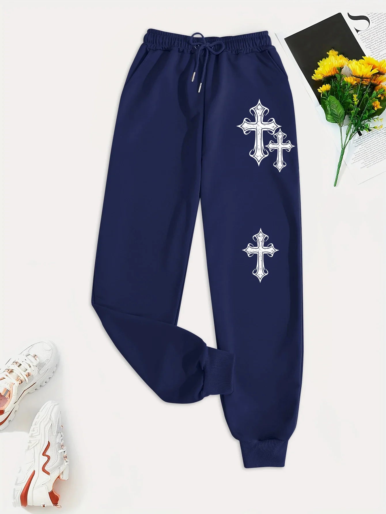 Crucifixion Printing Women'S Autumn Casual Basic Pants Versatile Pocket Drawstring Fashion Trousers Trendy Street Pant Female