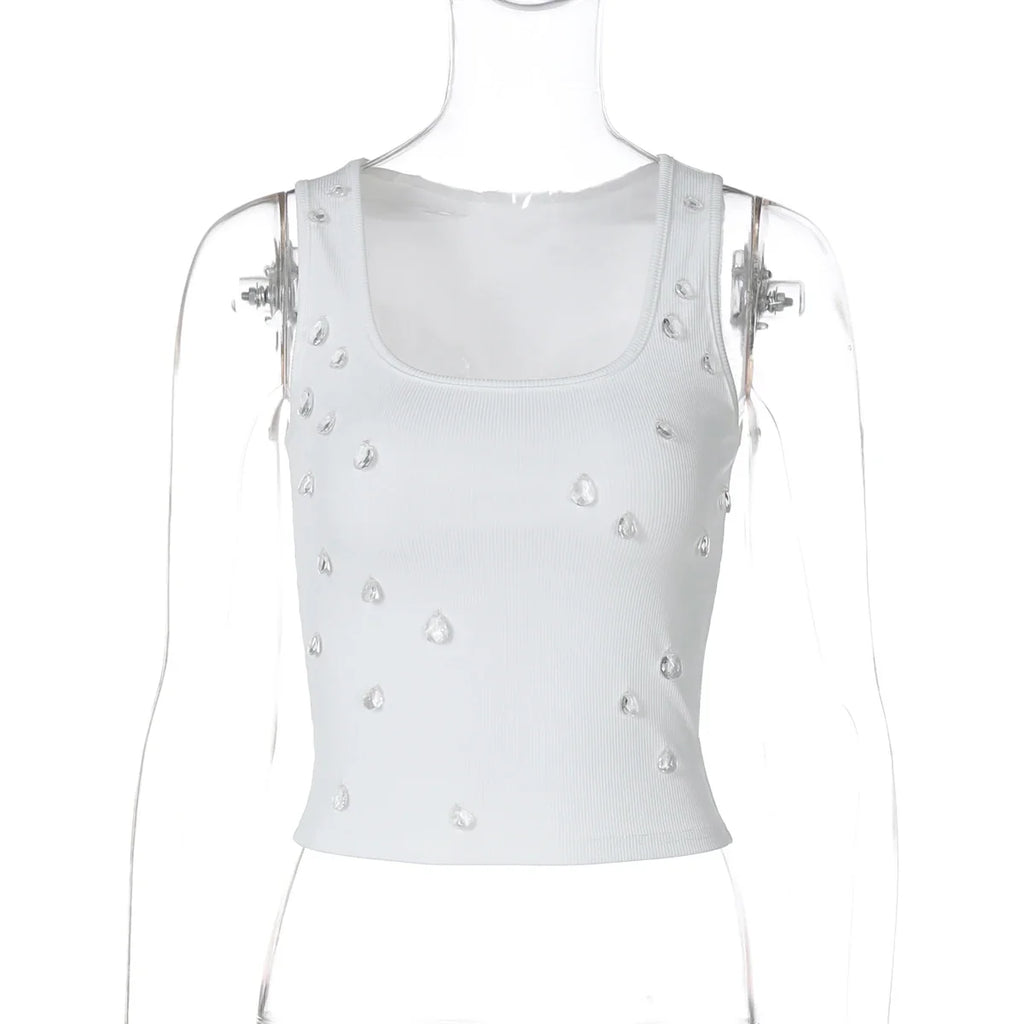 Dulzura Ribbed Sleeveless Crop Tank With Water Droplets Diamond Decorate Sexy Elegant Top Party Club Streetwear Spring Summer