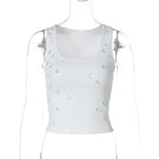 Dulzura Ribbed Sleeveless Crop Tank With Water Droplets Diamond Decorate Sexy Elegant Top Party Club Streetwear Spring Summer