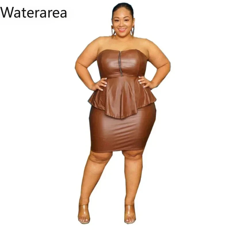 Waterarea Plus Size Elegant Faux Leather Bodycon Midi Skirt Suit  Women Strapless Zipper Fly Ruffles Top Two 2 Piece Set Outfits