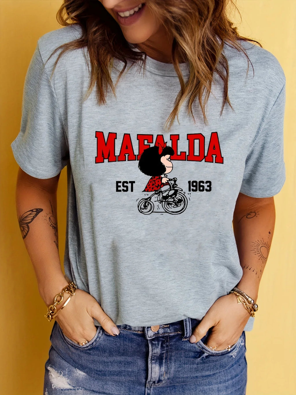 MAEALDA Women's Fashion Black T-Shirt - "Mafalda EST. 1956" Graphic Casual Slim Fit Short Sleeve Crew Neck Top Ideal for