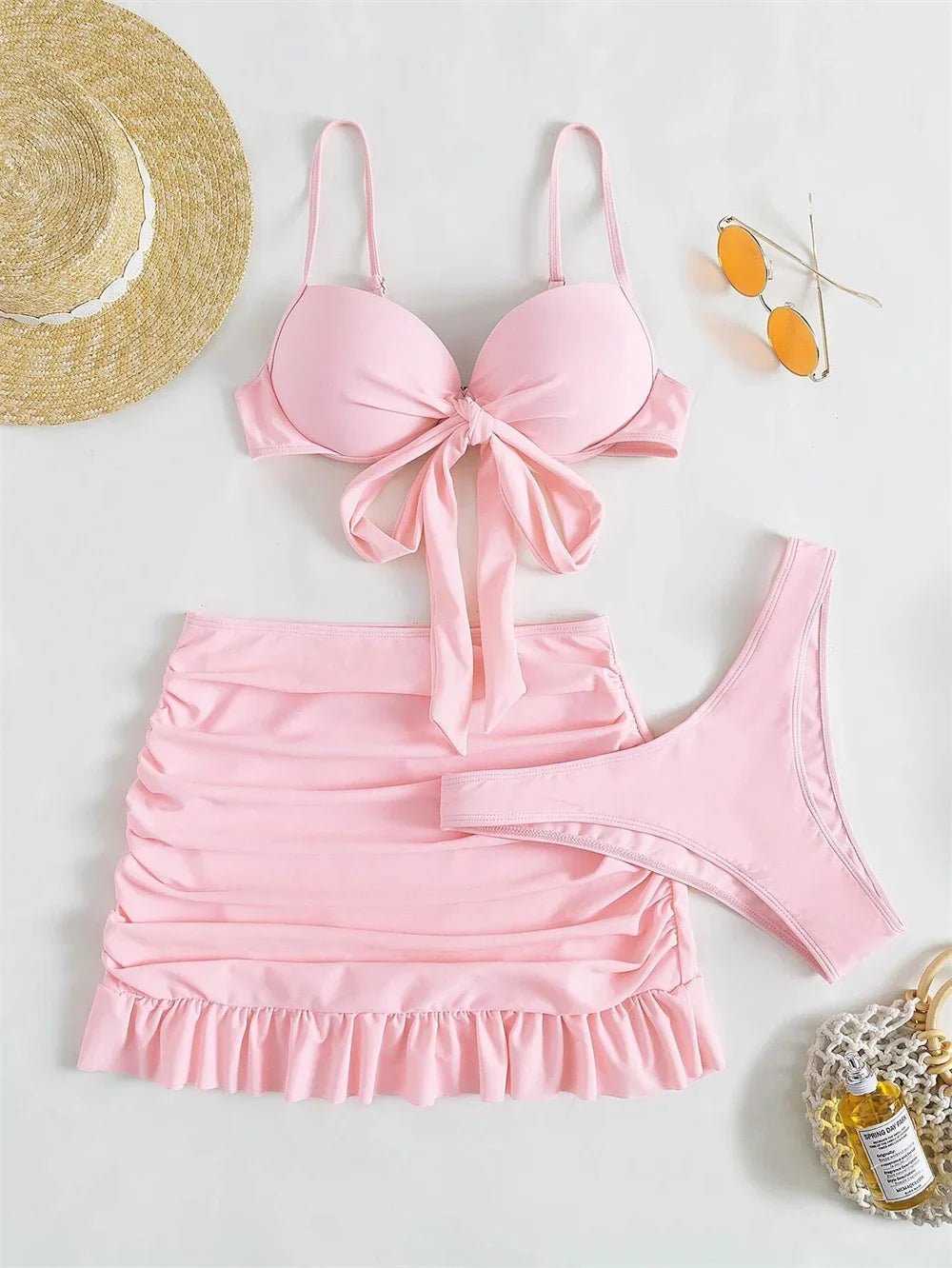 Cute Pink Ruched Swimwear Push Up Bandage Bikini Thong Pleated Swimsuit 3 Piece Women's Skirt Beach Outfits Bikinis Bathing Suit