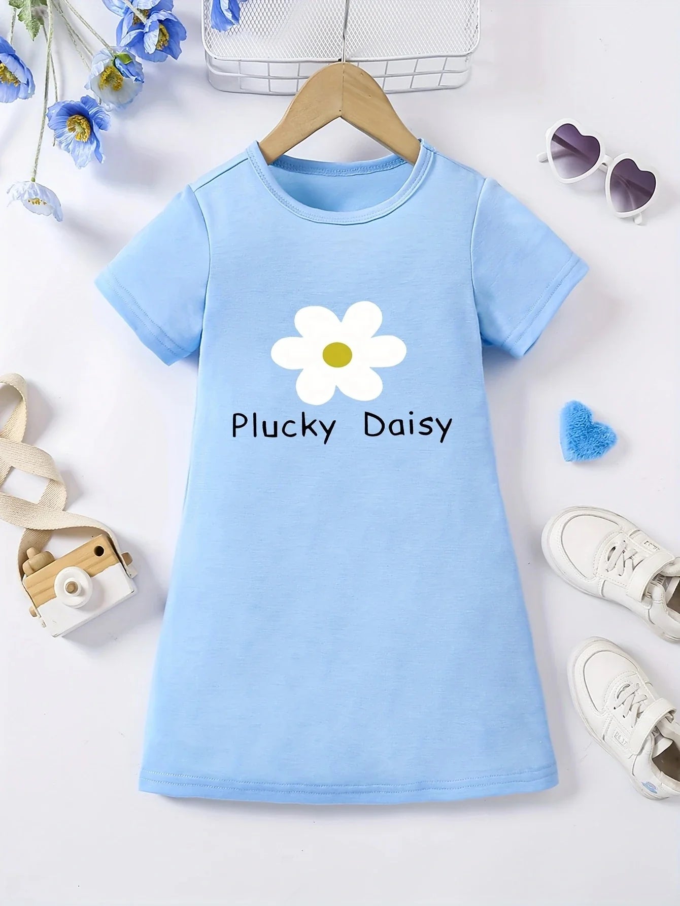 Girls' white floral print dress, comfortable polyester blend, elastic and comfortable