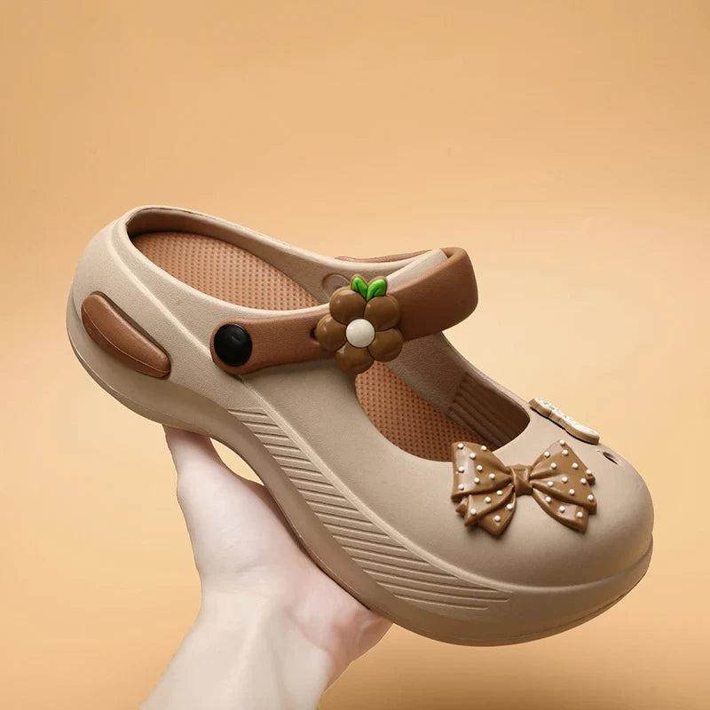 Women Mary Jane Sandals Platform Cute Bow Knot Girl Clogs Arch Support Garden Shoes Slip-on Outdoor Beach Shoes Height Increase
