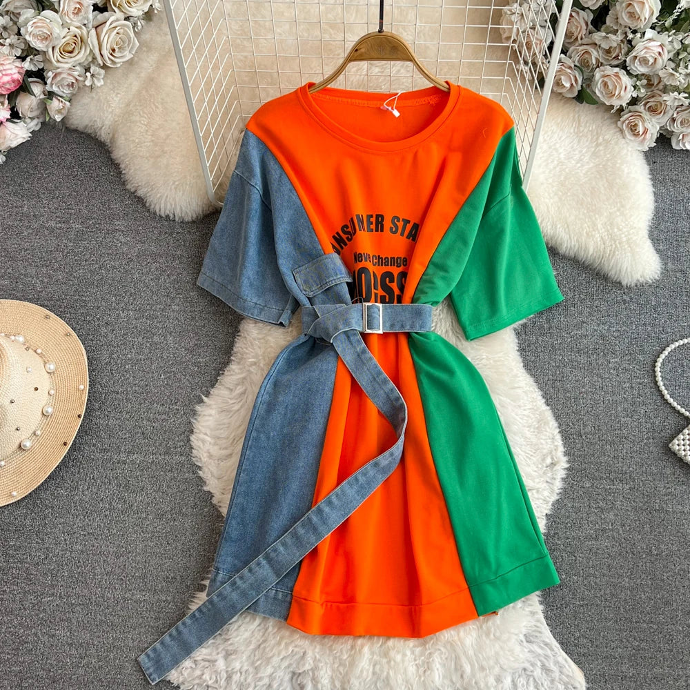 XFPV 2025 Summer Fashion Short Sleeve Round Neck High Waistband Slim A-line Denim Printed Patchwork Dress For Women SM11498