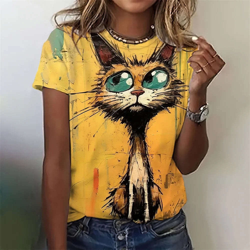 Fashion Woman Funny Cat Print T-Shirts Summer Crew Neck Personalized Graphic T-Shirts Comfort Short Sleeve Tee Woman Clothing