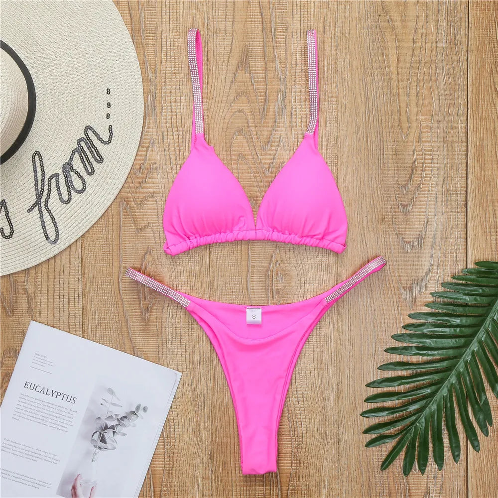 Diamond Swimwear Women 2024 Sexy Pink Micro Bikini Brazilian Black Rhinestone Thong Swimsuits Beach Push Up Bathing Suit Biquini