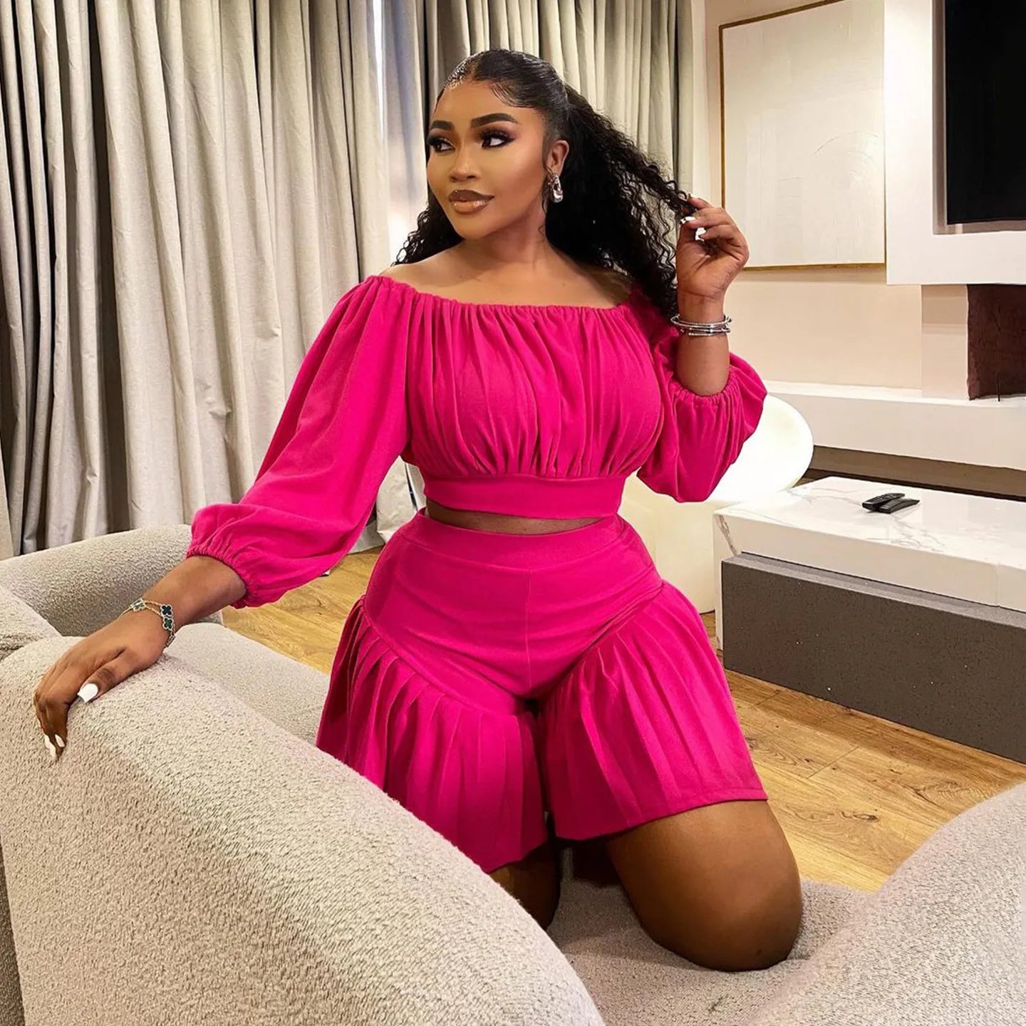 CM.YAYA Plus Size Women's Set Long Sleeve Slash Neck T-Shirt and Shorts 2025 Summer Ruched Two 2 Piece Set Outfits Tracksuit