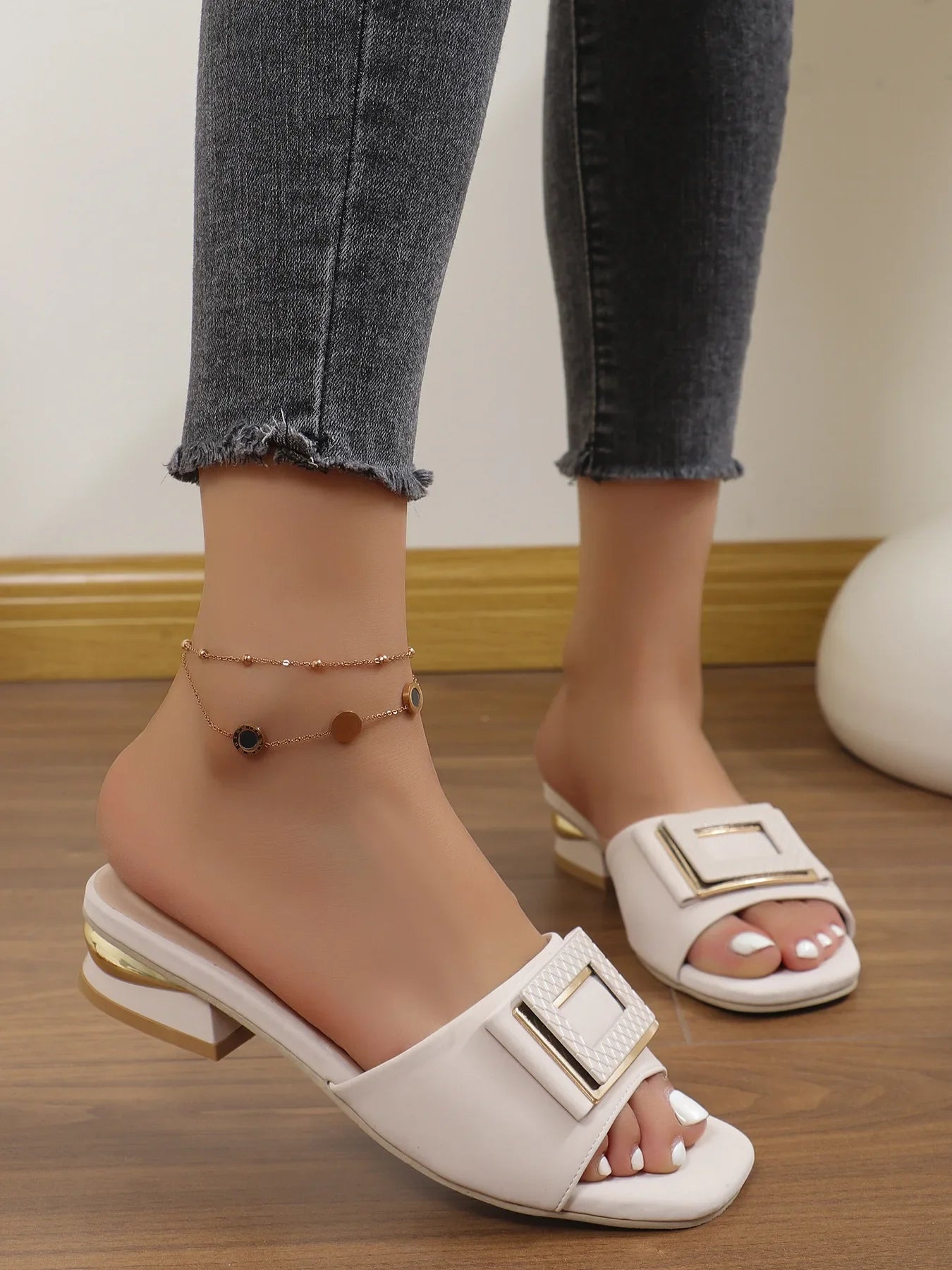 Fashion Women High Heel Slippers Summer Slip on Elegant Low Heel Shoes for Wedding Party Comfortable Non-slip Women's Slippers