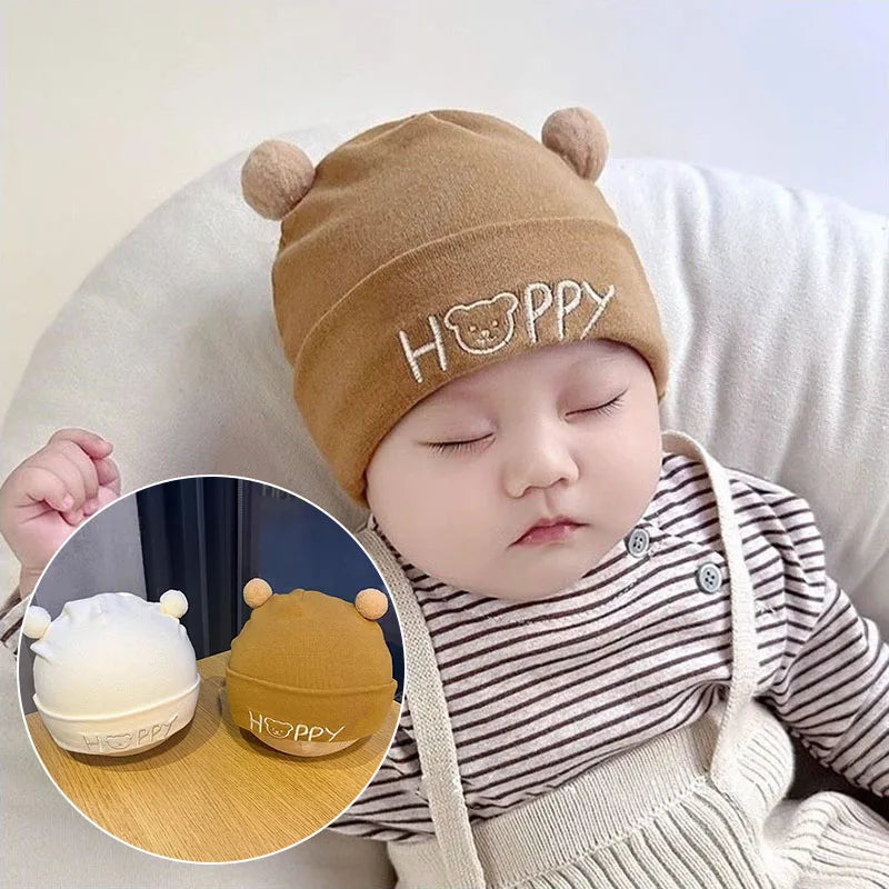 Cute Newborn Fetal Hat Soft Cotton Infant Boy Girls Cartoon Letter Bear Cap Solid Color Spring Autumn Warm Beanie