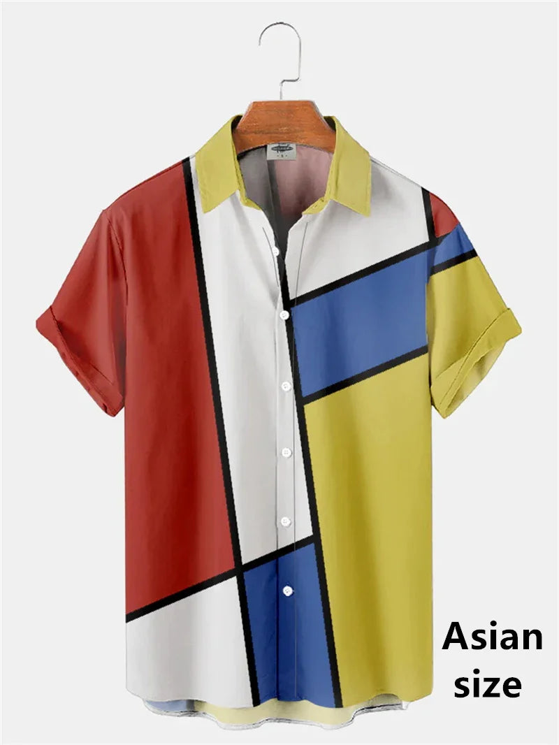 Men Shirts 3d Geometric Art Colorful Abstract Oil Painting Printed Men's Short Sleeve Shirts Fashion Unisex Hawaiian Button Top