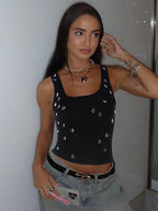 Dulzura Ribbed Sleeveless Crop Tank With Water Droplets Diamond Decorate Sexy Elegant Top Party Club Streetwear Spring Summer