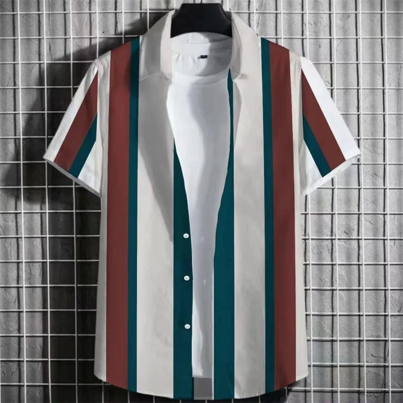 Colorful Simple Stripe Hawaiian Shirts For Men Color Block 3D Printed Short Sleeve Tops Fashion Streetwear Lapel Button Blouse