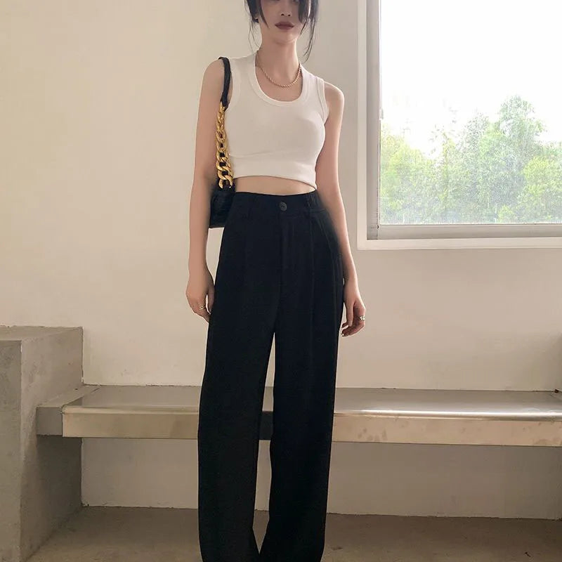 Summer Women's Draped Suit Pants Korean Style High-Waisted Button Casual Pants 2025 New Black White Baggy Office Lady Trousers
