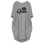 Women's spring and summer casual loose plus size QUEEN printed round neck long sleeved pocket dress streetwear