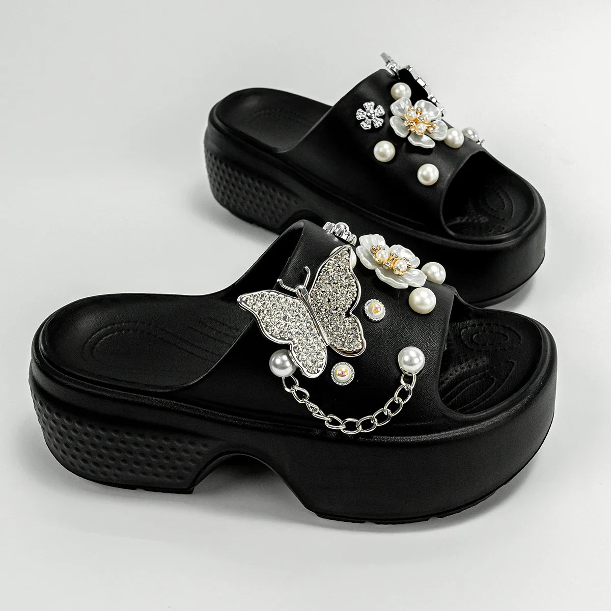 Fashionable Silver Butterfly Flower One-Line Sandals Outdoor Thick-Soled Heightening Sandals E20