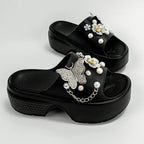 Fashionable Silver Butterfly Flower One-Line Sandals Outdoor Thick-Soled Heightening Sandals E20